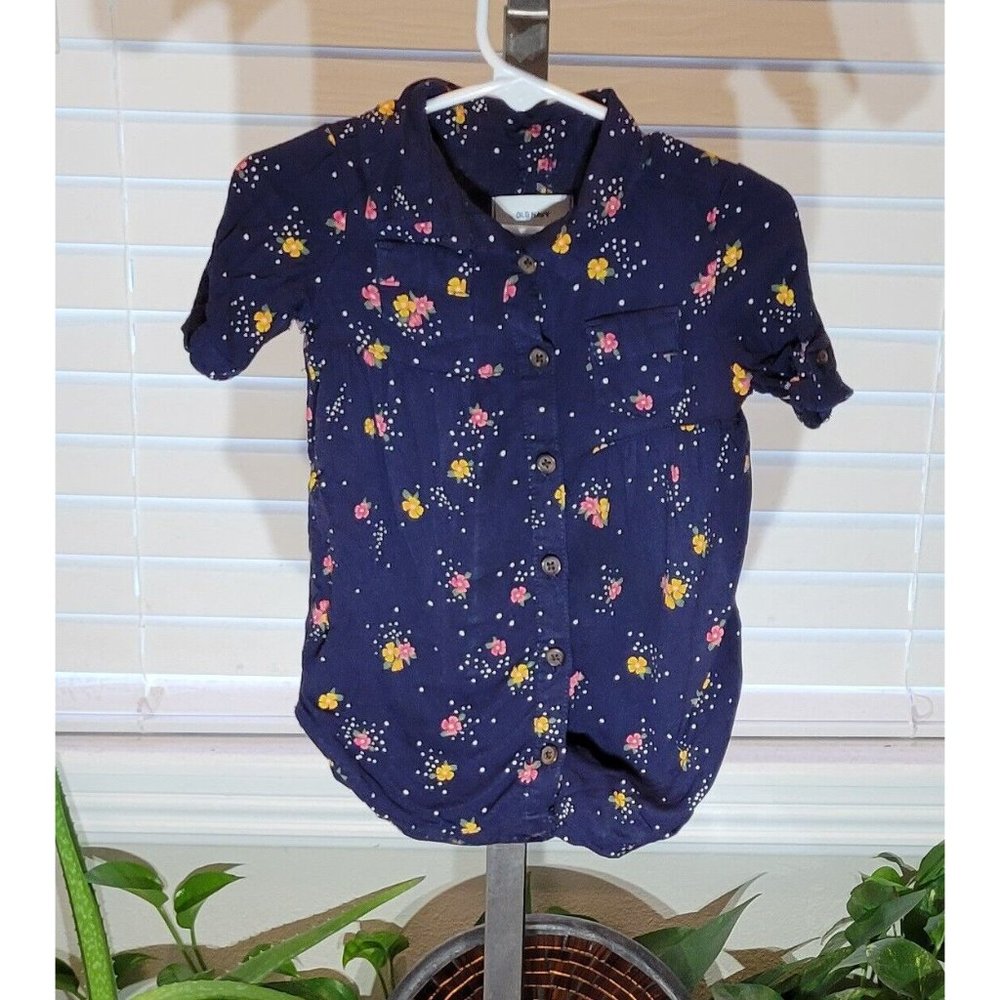 Old Navy Boy Girl Navy Blue Floral Button Up Dress Short Sleeve Shirt 12M to 18M